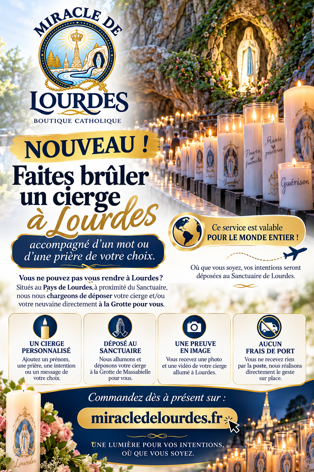 ✞ Dépôt de cierge personnalisé de 30 cm soit 10h de combustion ✞ Votre cierge personnalisé avec un mot ou prière déposé à la grotte de Lourdes