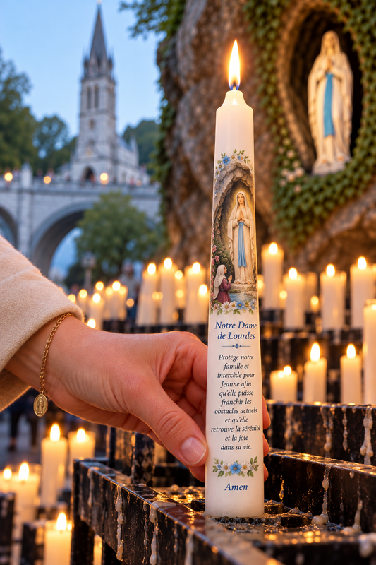✞ Dépôt de cierge personnalisé de 30 cm soit 10h de combustion ✞ Votre cierge personnalisé avec un mot ou prière déposé à la grotte de Lourdes