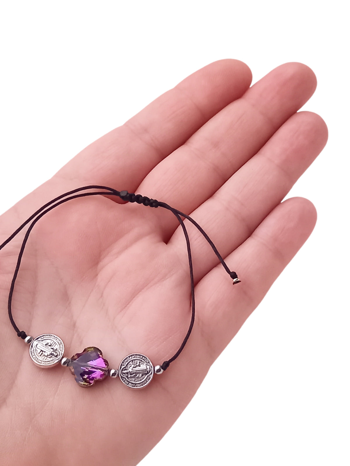 ✞ Cruz & St Benoît ✞ Bracelet artisanal modèle violet irisé à perles Saint-Benoît