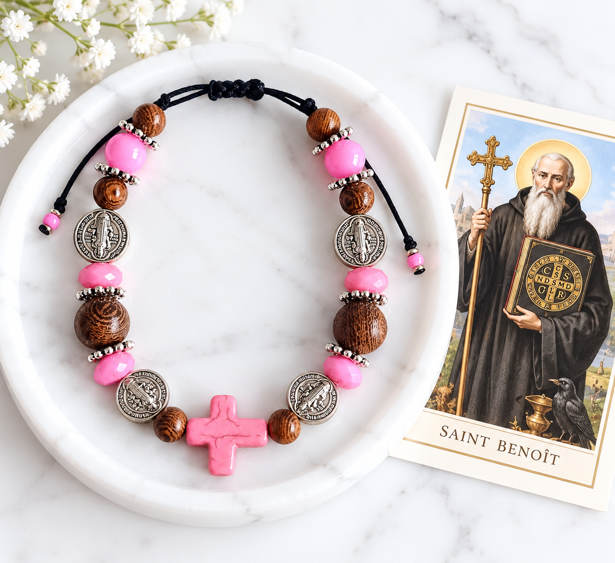 ✞ Rose de Foi & Protection ✞ Bracelet Saint Benoît