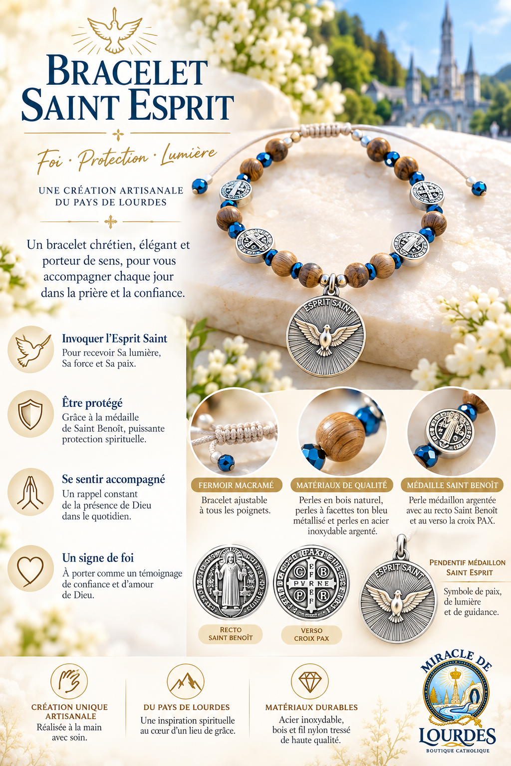 ✞ St Esprit ✞ Bracelet artisanat du Pays de Lourdes