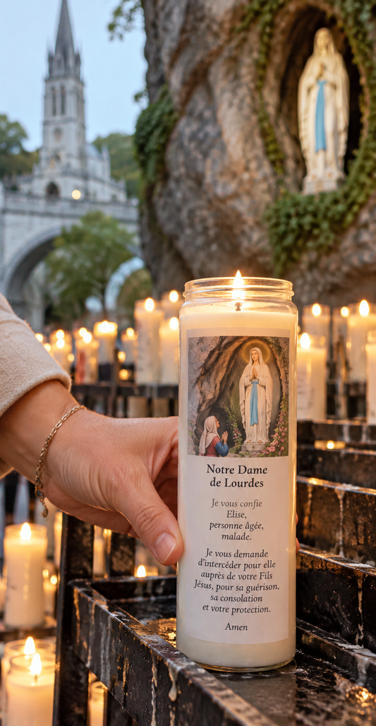 ✞ Dépôt de bougie NEUVAINE soit 9 jours ou 216h de combustion ✞ Votre bougie neuvaine personnalisée avec un mot ou prière déposée à la grotte de Lourdes