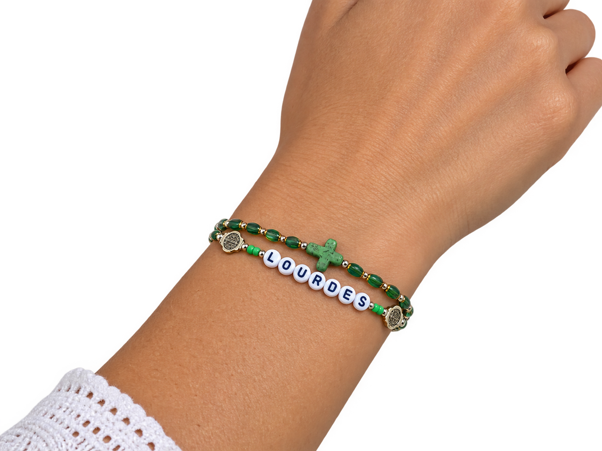 ✞ LOURDES ✞   Bracelet artisanal St Benoît et Croix Pax ~ Double Protection