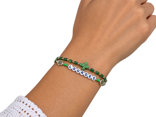 ✞ LOURDES ✞   Bracelet artisanal St Benoît et Croix Pax ~ Double Protection