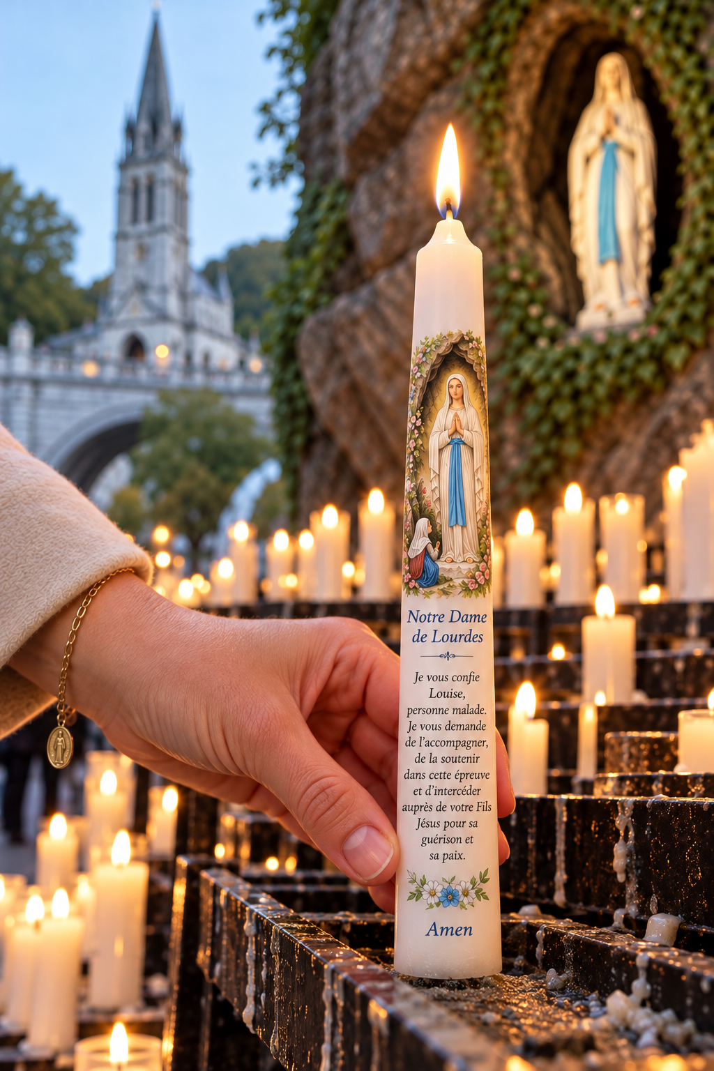 ✞ Dépôt de cierge personnalisé de 15 cm soit 5h de combustion ✞ Votre cierge personnalisé avec un mot ou prière déposé à la grotte de Lourdes