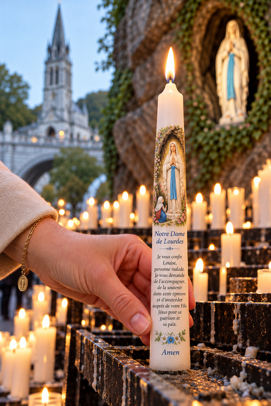✞ Dépôt de cierge personnalisé de 15 cm soit 5h de combustion ✞ Votre cierge personnalisé avec un mot ou prière déposé à la grotte de Lourdes